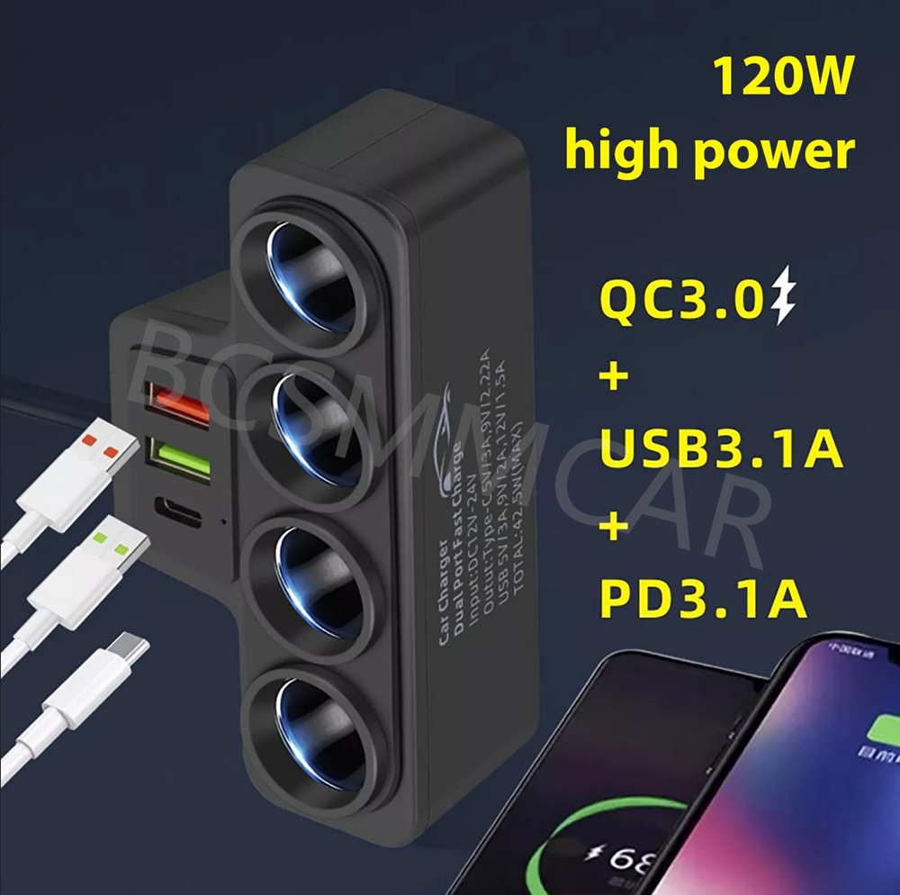 4 Way Car Cigarette Lighter Adapter QC3.0 Quick Charger Socket Splitter Outlet