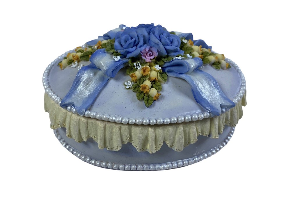 Ceramic Blue Flower Jewelry Box Approx 2.5” Tall