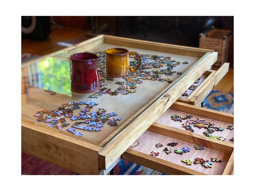 Rustic Puzzle Coffee Table with Removable Glass top - Includes 2 Hidden Drawe...