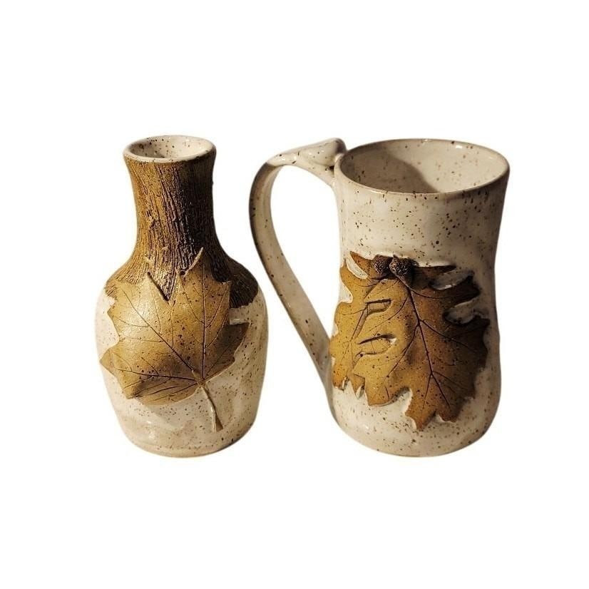 Studio Pottery Leaf Mug & Bud Vase Signed PRP Beige Speckle