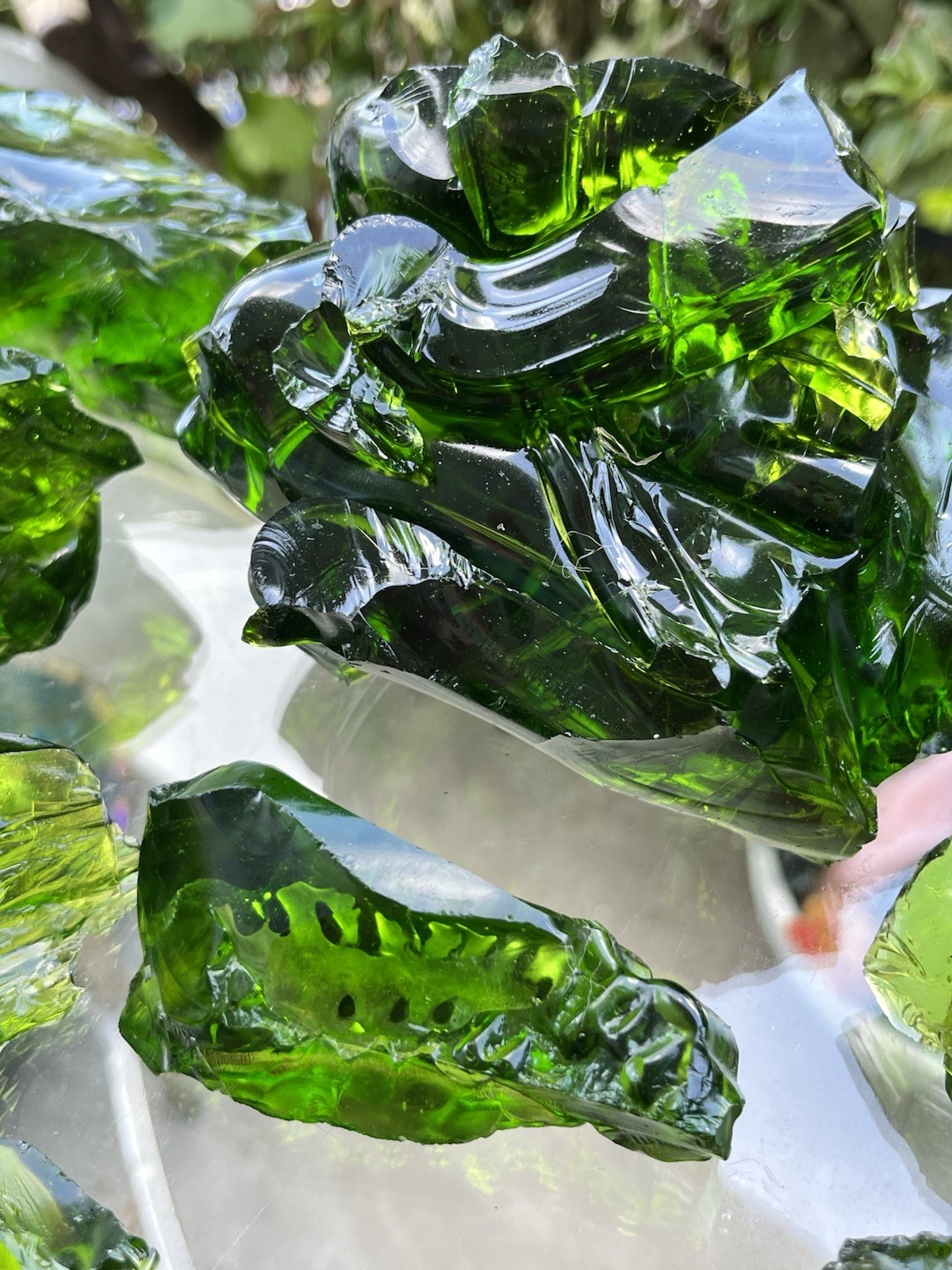 Lot of 10 Deep Green Fern Glass Cullet Slag Chunks ~ 6lbs Blenko