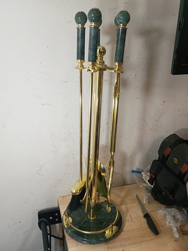 Vintage Green Marble and Bright Brass Fireplace Tool Set **EUC
