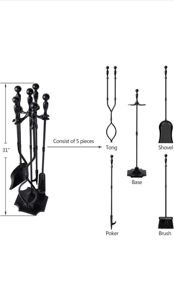 AMAGABELI 5 Pcs Fireplace Tools Set (Black)