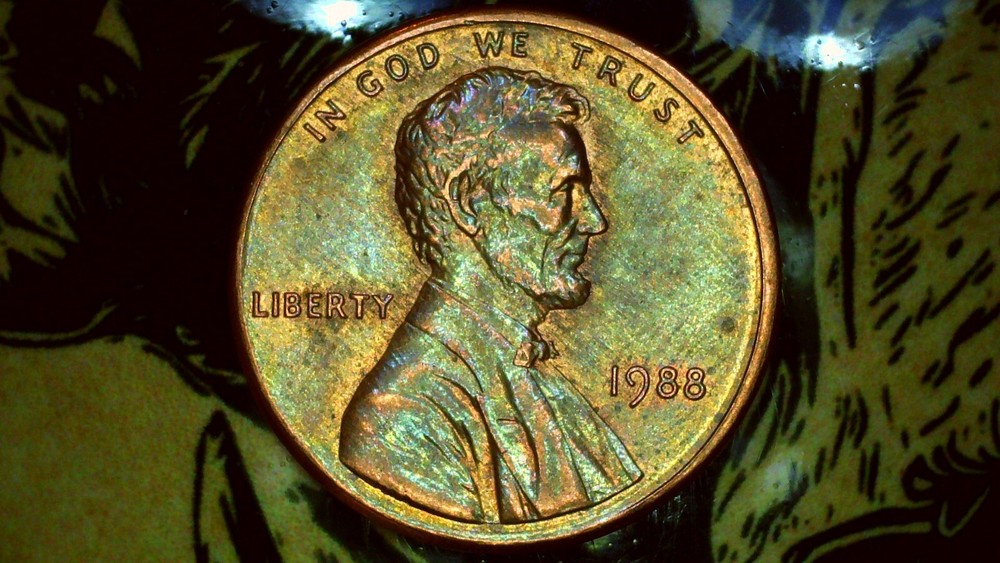 1988 P Lincoln cent with reverse die crack error lot #228