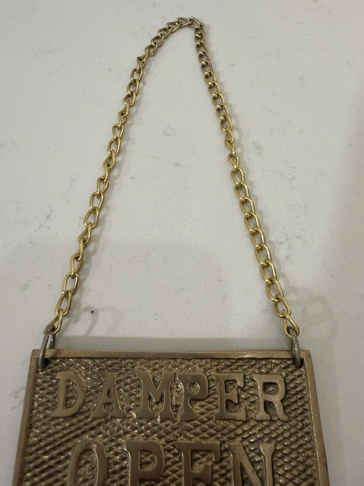BRASS FIREPLACE DAMPER OPEN CLOSED SIGN WITH CHAIN