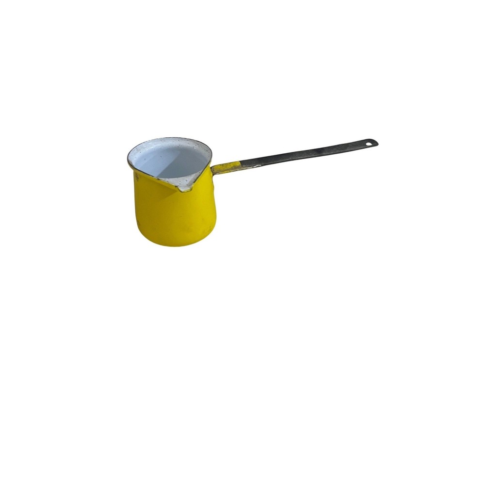 Vintage Yellow Enamelware Turkish Coffee Pot Long Handle Primitive Rustic Decor