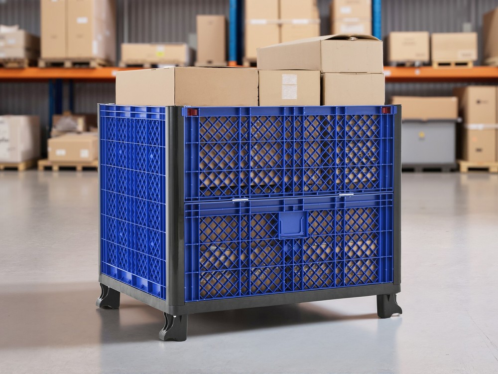 Collapsible Bulk Container Mesh Walls 600lb Capacity Stackable 4 High Blue