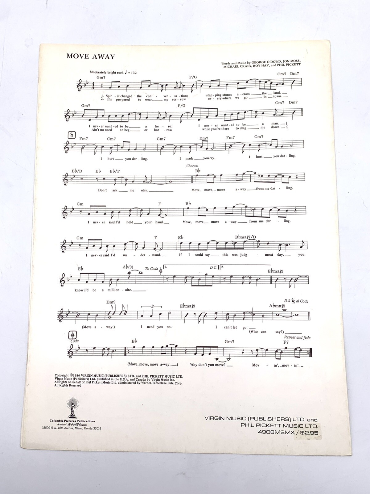 CULTURE CLUB MOVE AWAY SHEET MUSIC PIANO/VOCAL 1986 EXTREMELY RARE