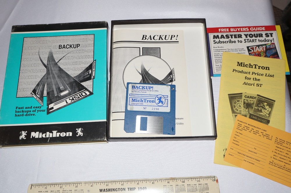 1985 Atari ST Backup Complete w manual floppy disk & Box Michtron 1980s Computer