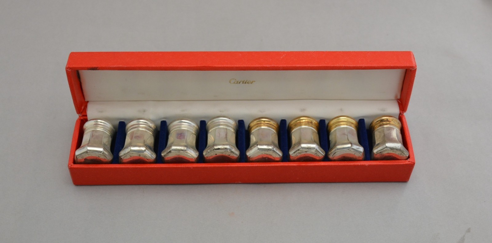 Cartier Silver Salt Pepper Shakers - Set of 8 - Original Box - 4 Gold Plated Lid