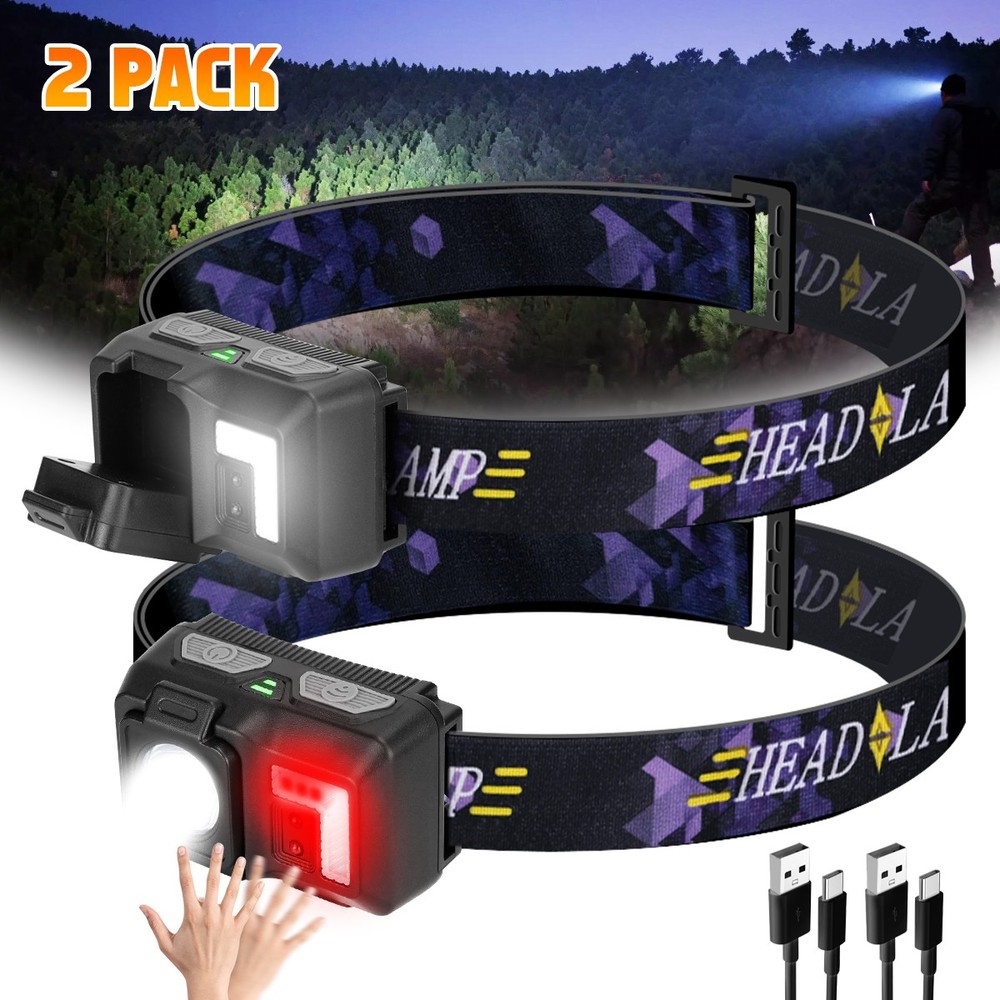 2x COB LED Headlamp Rechargeable Super Bright Motion Sensor Headlight Head Torch