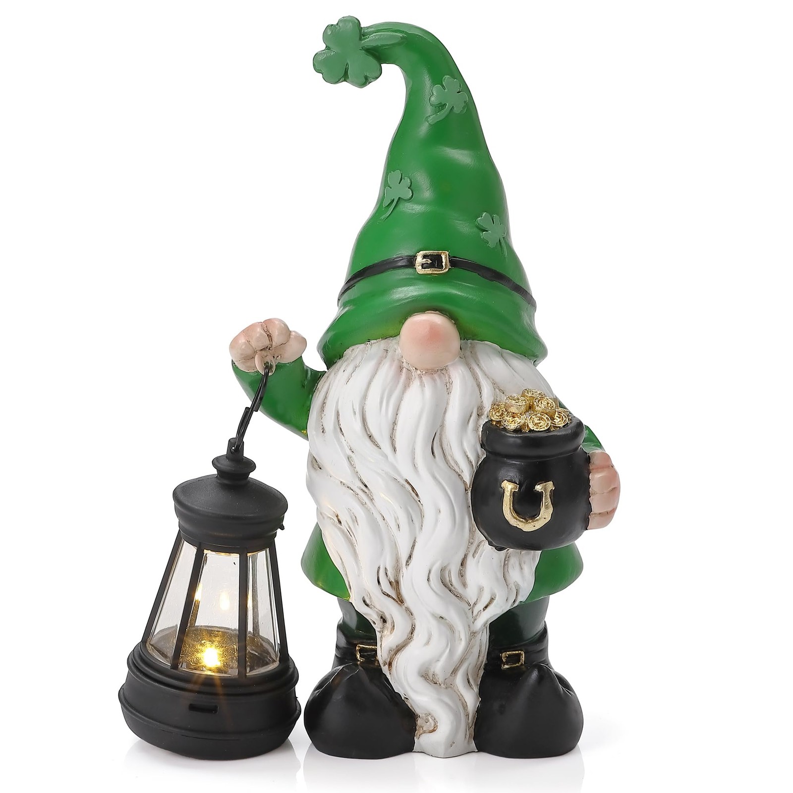 St. Patricks Day Gnome for Outdoor Decor, Resin Garden Gnome Holding Lantern ...