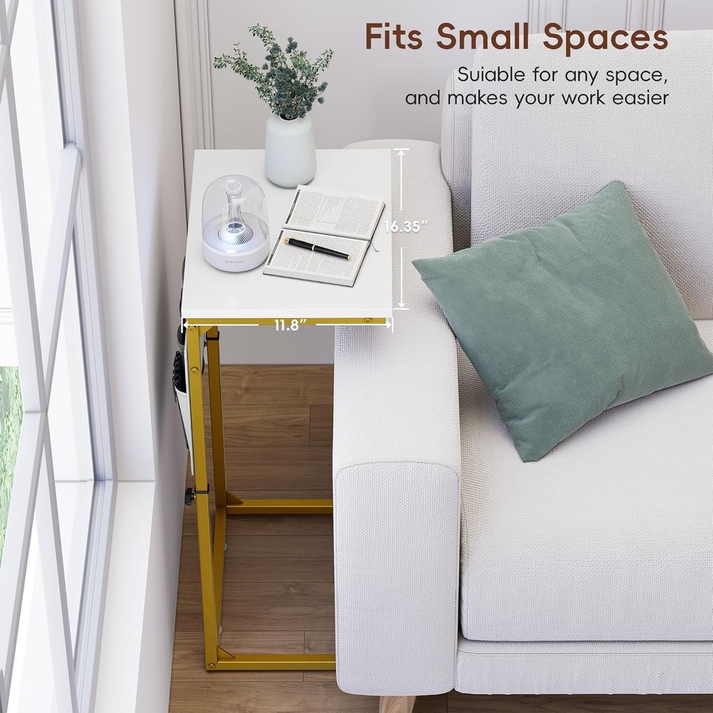 C Shaped End Table W/ Charging Station Adjustable Height Couch Sofa Side Table