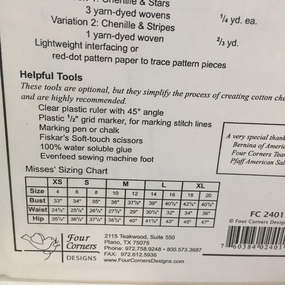 Chenille Pullover Pattern Size Misses' xs-xl Four Corners Design