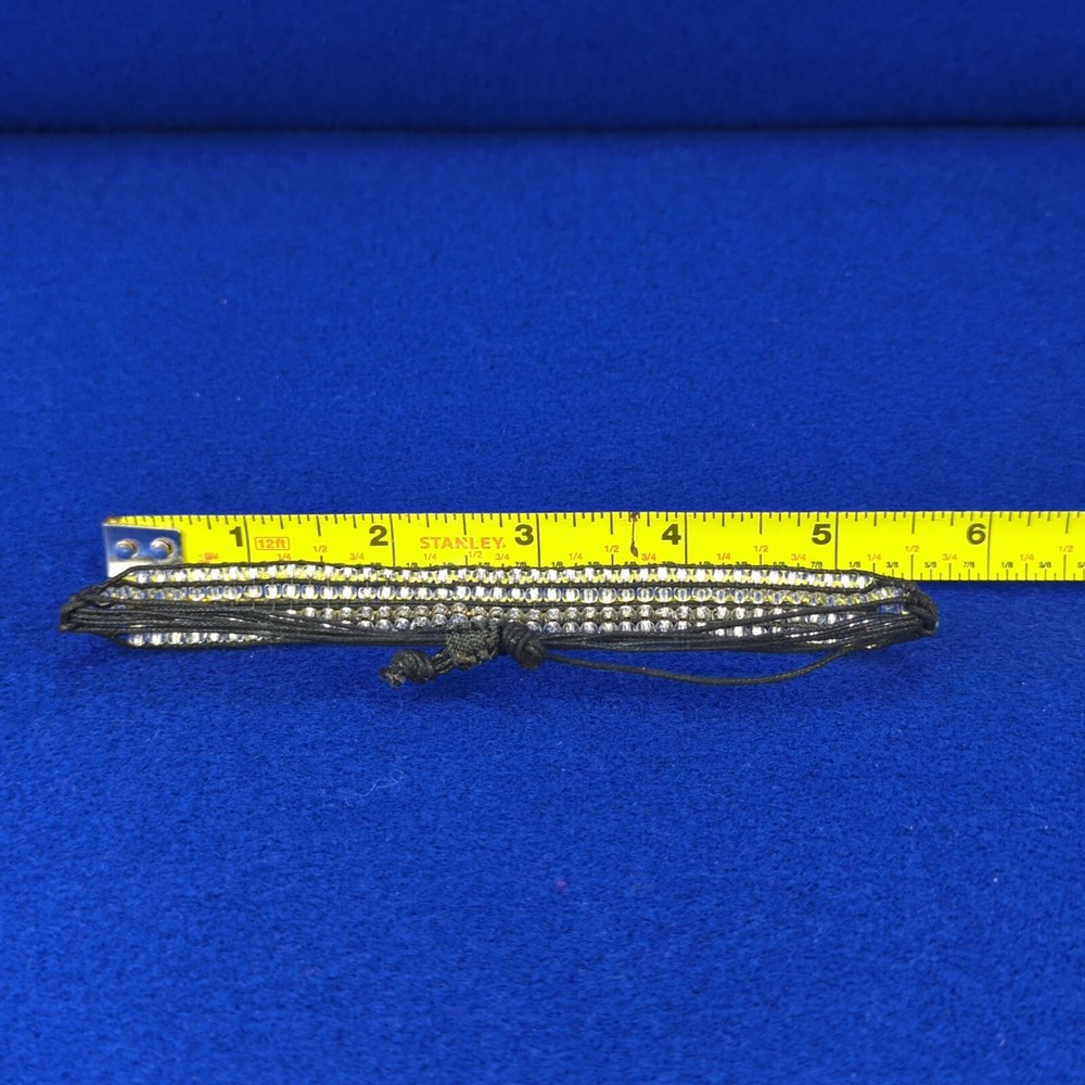 Vintage Adjustable Pull Cord Bracelet Clear Rhinestone Micro Bead Studded Black