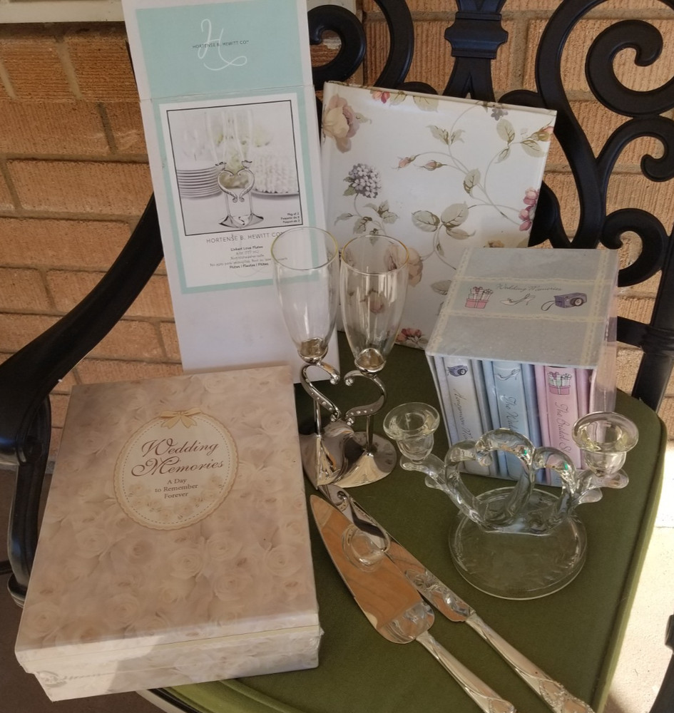 WEDDING SET  CHAMPAGNE GLASSES, KNIFE & CAKE SERVER, WEDDING MEMORY BOOK,