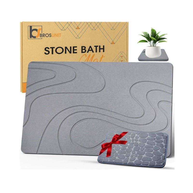 Brosunit Stone Bath Mat, Super Absorbent Quick Dry Non-Slip Mat, 23.5x15.7" Gray