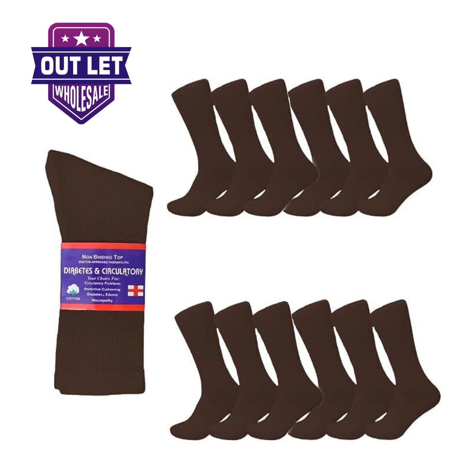 6-12 Pairs Health Circulatory Cotton Crew Diabetic Socks Size 9-11, 10-13, 13-15