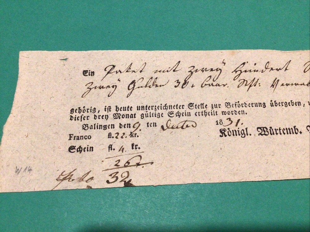 Germany Wurttemberg 1831 Postal Note A21514