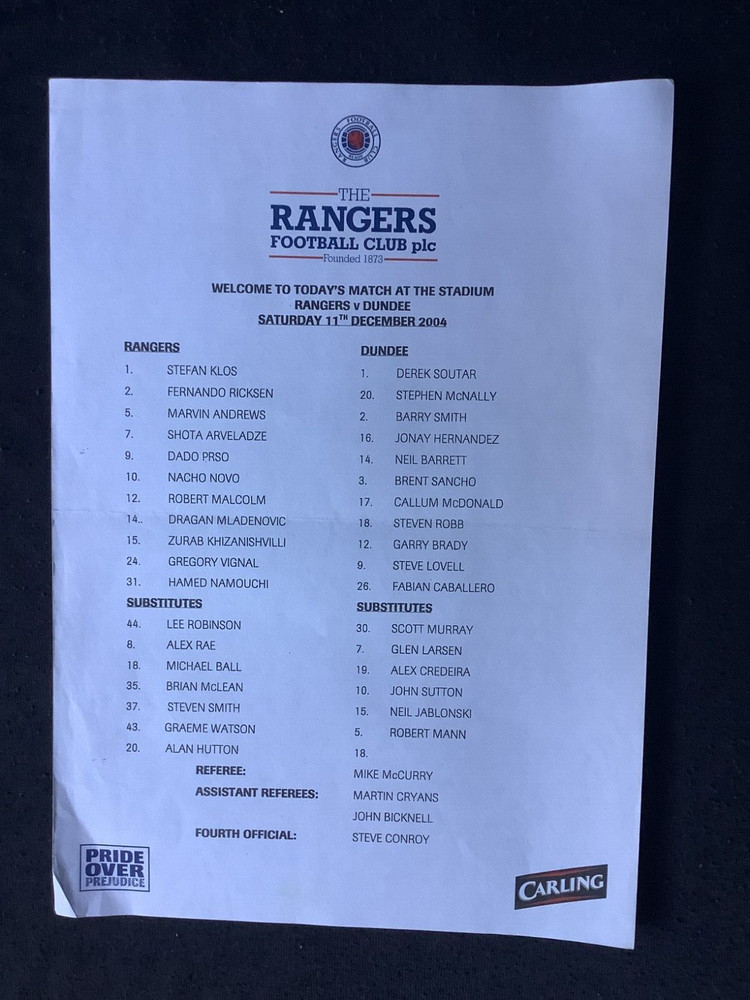 2004/5 Rangers v Dundee December teamsheet