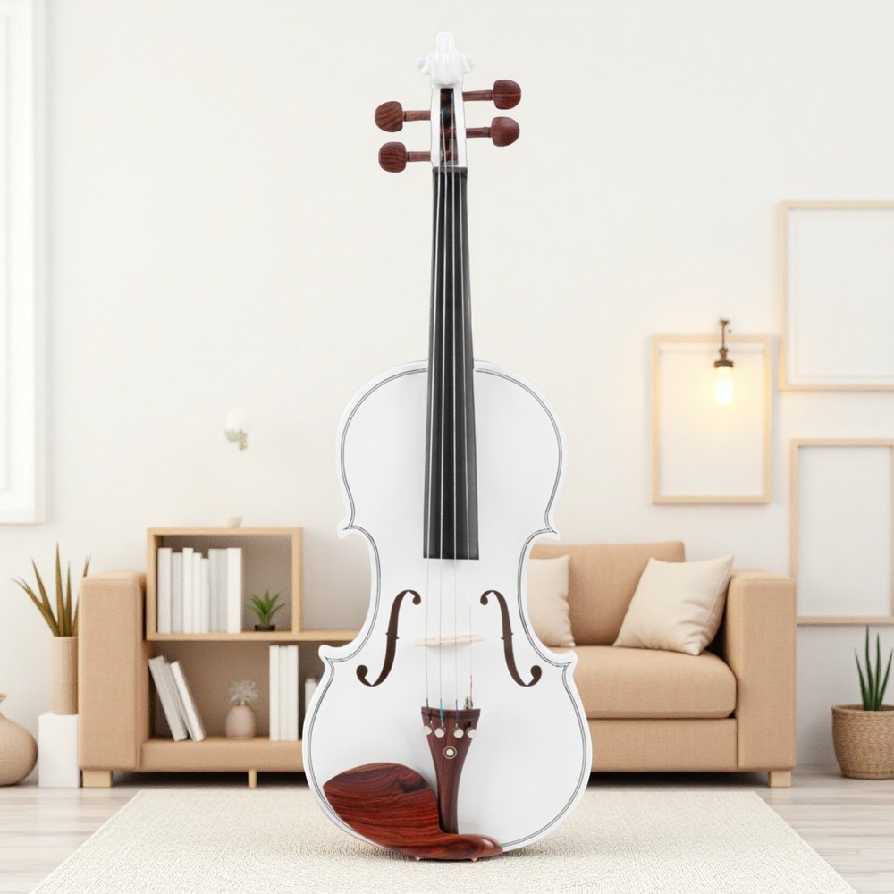 4/4 Solid Spruce Top Acoustic Beginner Violin Set - Tuner, White, Shoulder Rest