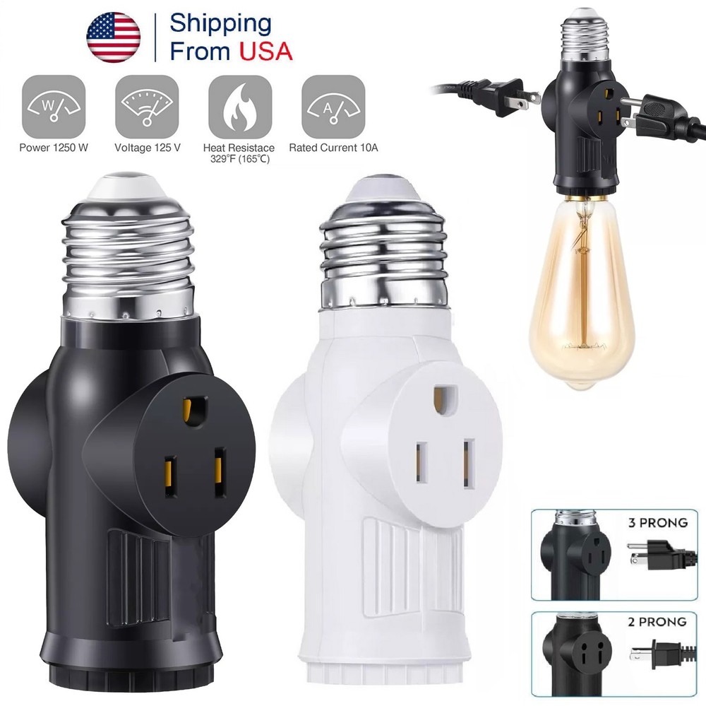 2Pcs 2/3 Prong Light Socket Adapter Light Bulb Outlet Adapter Converter E26/E27