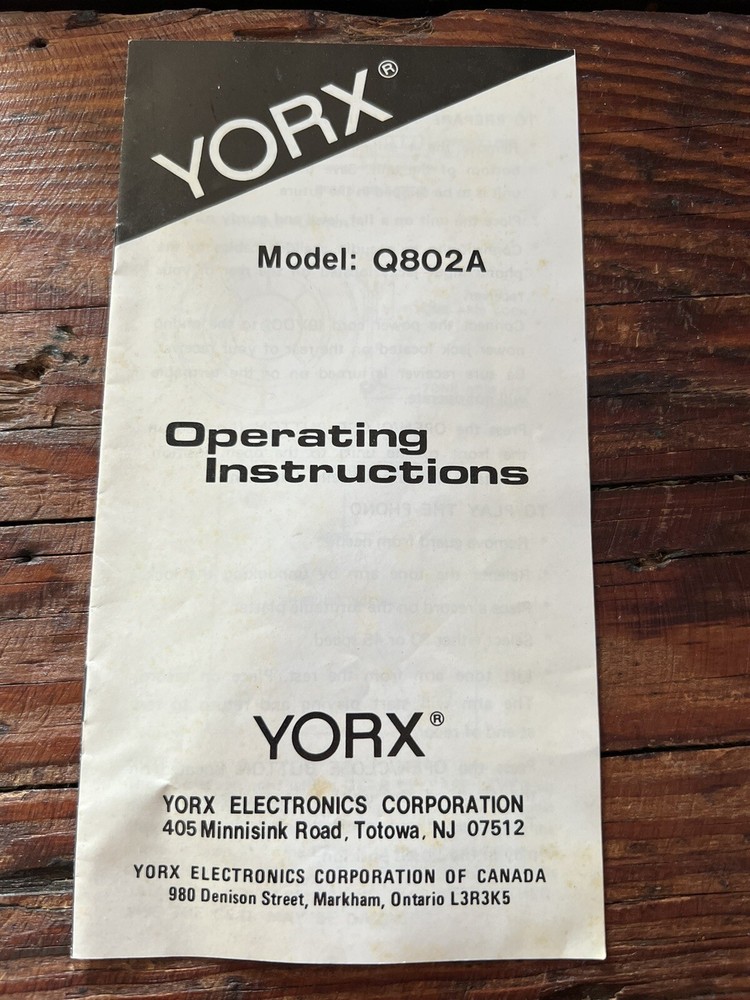 Vintage York Turntable Manual Model Q802A