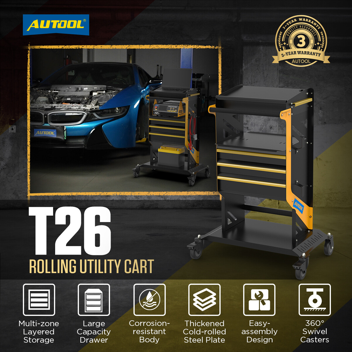4 Tier Rolling Tool Cart Workshop For ECU Reprogramming Power Suppl Diagnostic