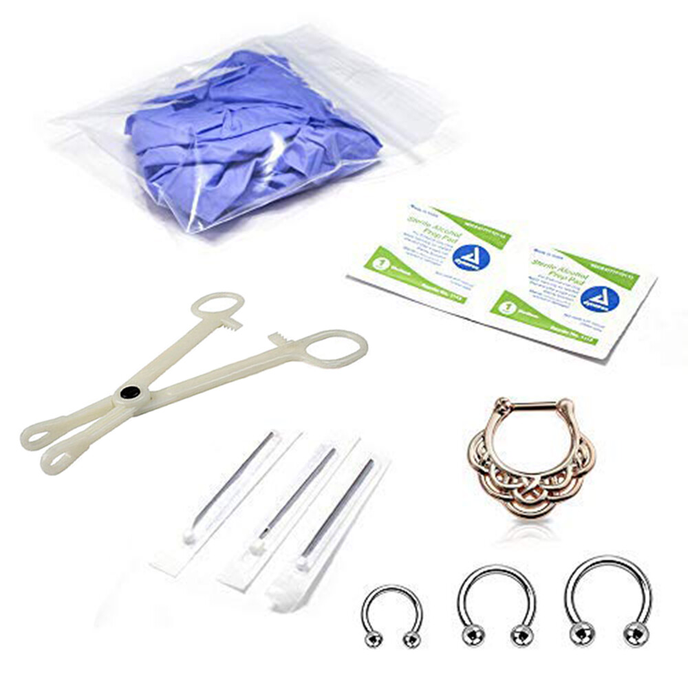 10Pc Septum Piercing Kit -Horseshoe,Needles,Forceps,Clicker Randomly Picked