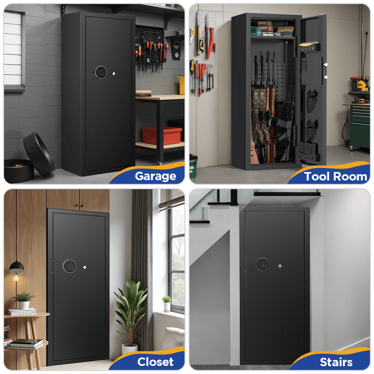 BESAFETY 12-15 Rifle Gun Cabinet for Home Steel Security Gun Safe with Alarm