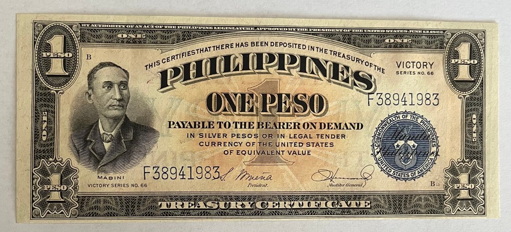 PHILIPPINES 1944 ONE PESO WW11 VICTORY NOTE / CLEAN & UNCIRCULATED