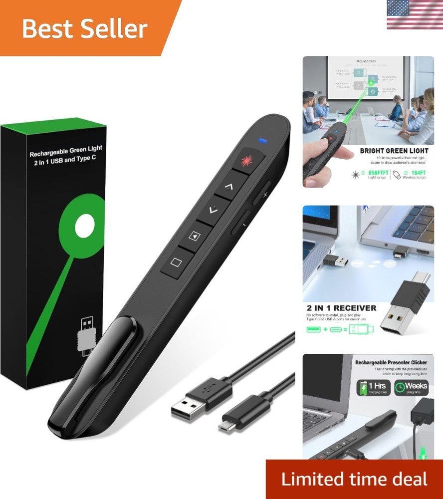 Presentation Clicker Green Laser Pointer, Rechargeable PowerPoint Clicker Wir...