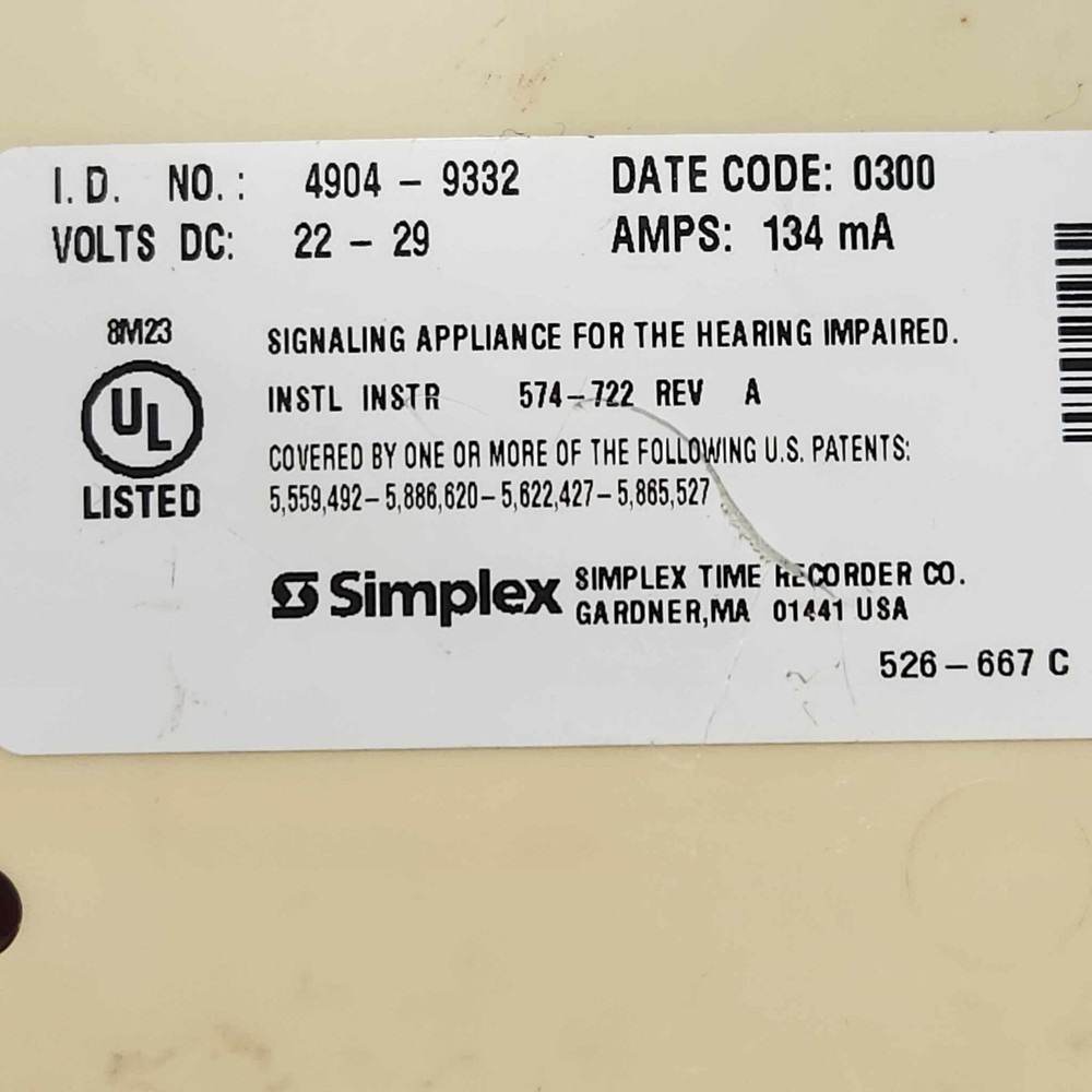 Simplex 4904-9332 TrueAlert Non-Addressable SmartSync Fire Alarm Wall Strobe