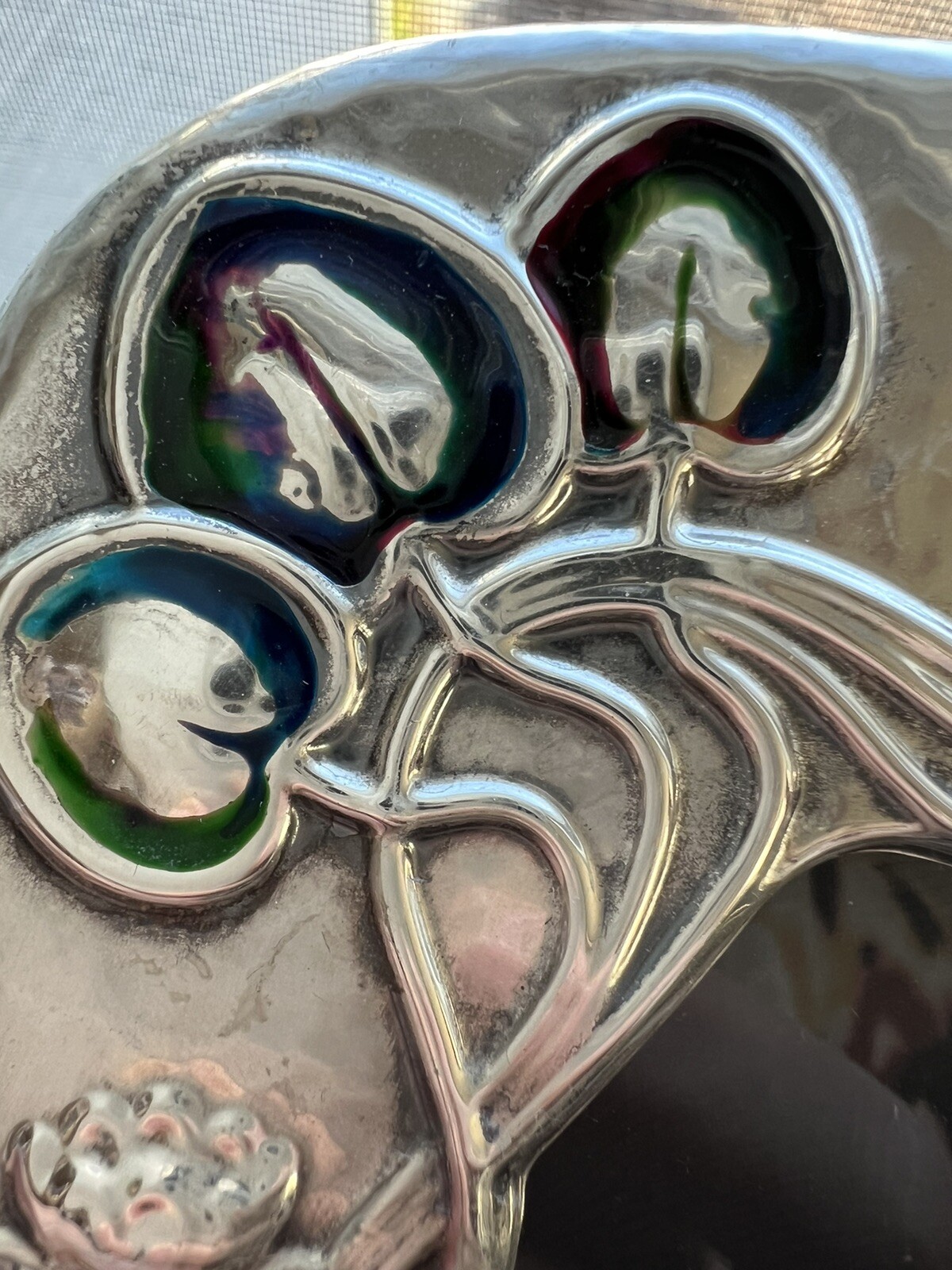 English Hammered Sterling & Enamel Art Nouveau Style Photo Frame