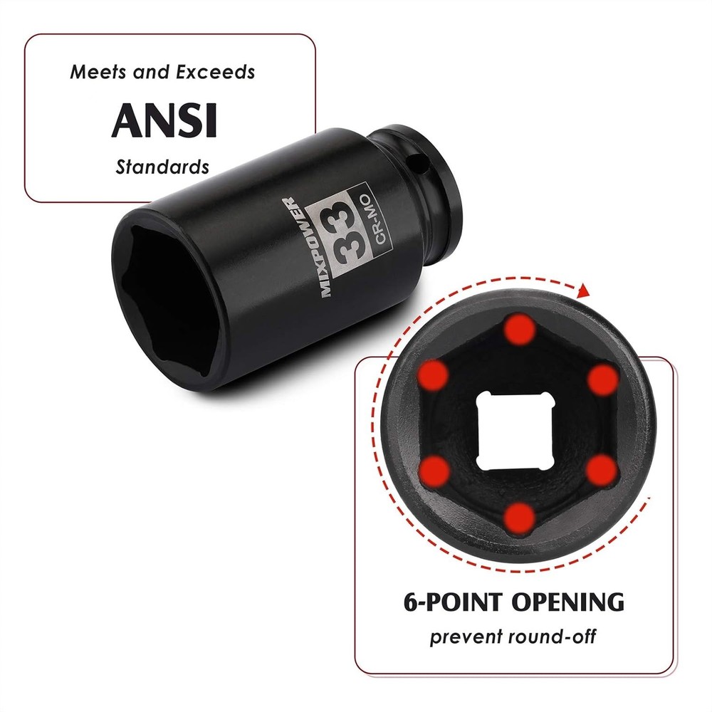 Durable 1/2" Drive 33mm Deep Impact Socket - 6-Point Design for High Torque