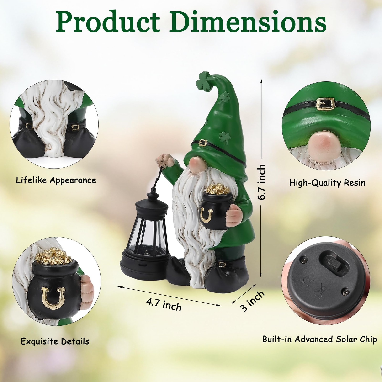 St. Patricks Day Gnome for Outdoor Decor, Resin Garden Gnome Holding Lantern ...
