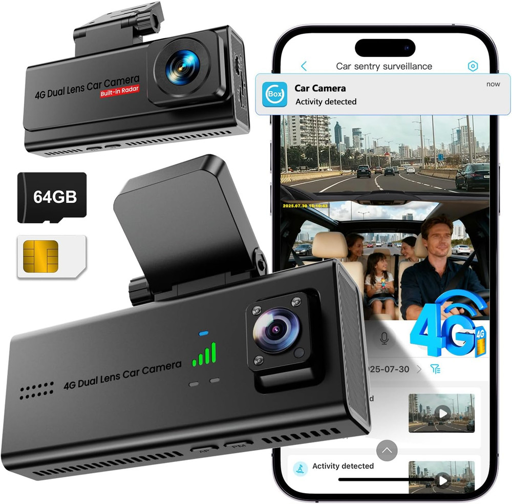 4G LTE Dash Cam with SIM Card, Live Streaming Car Security Camera Front & Cabin,