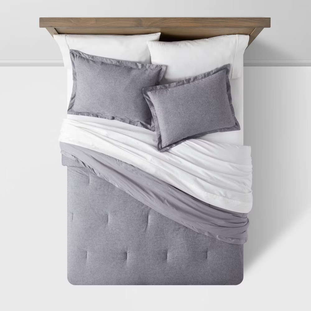 Full/Queen Cotton Linen Chambray Comforter & Sham Set Navy - Threshold