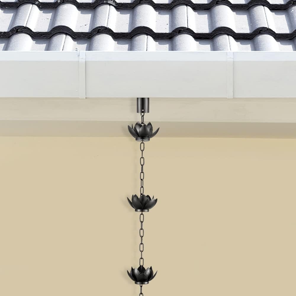 Charming Lotus Rain Catcher Chain 8.5ft - Adjustable Gutter Solution in Black