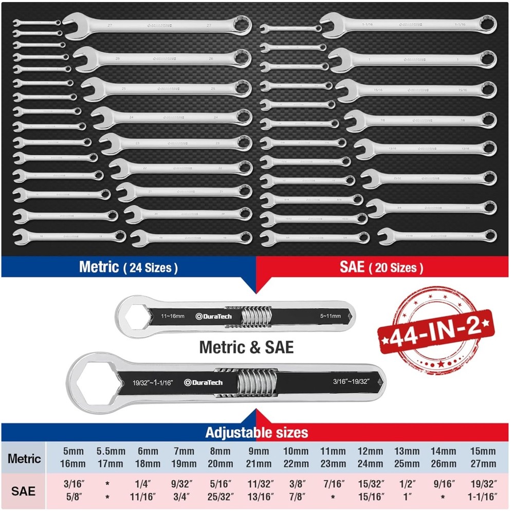 Double Box End Wrench Set, Adjustable, 8" & 10", 44 sizes