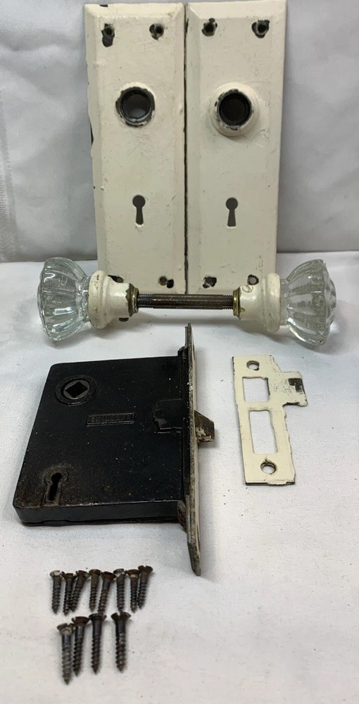 Skillman Antique Mortise Interior Door Lock W/Back Plates Spindle Knobs Screws