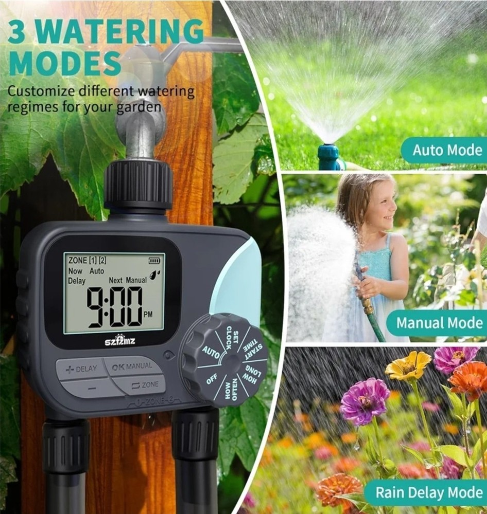 2 outlet Sprinkler Timer Water Timer, Programmable with rain delay Manual/Auto