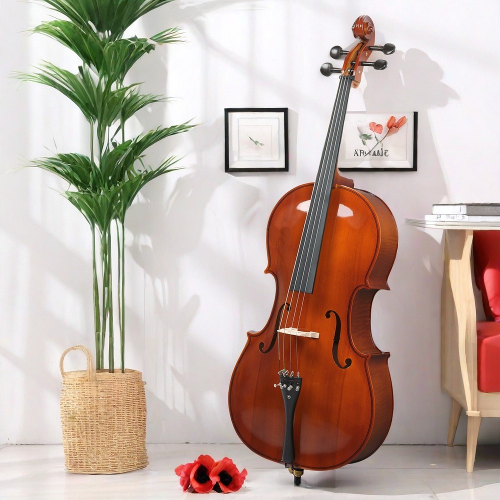 Full Size Natural 4/4 Acoustic Cello Set w/ Spruce Panel & Tiger Pattern Process