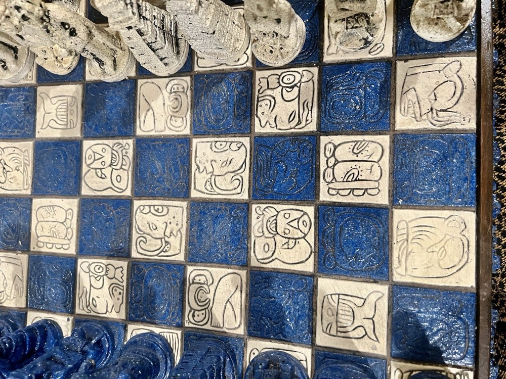 Vintage Handmade Mayan/Aztec Chess Set W/drawer - Complete- Does Not Fold