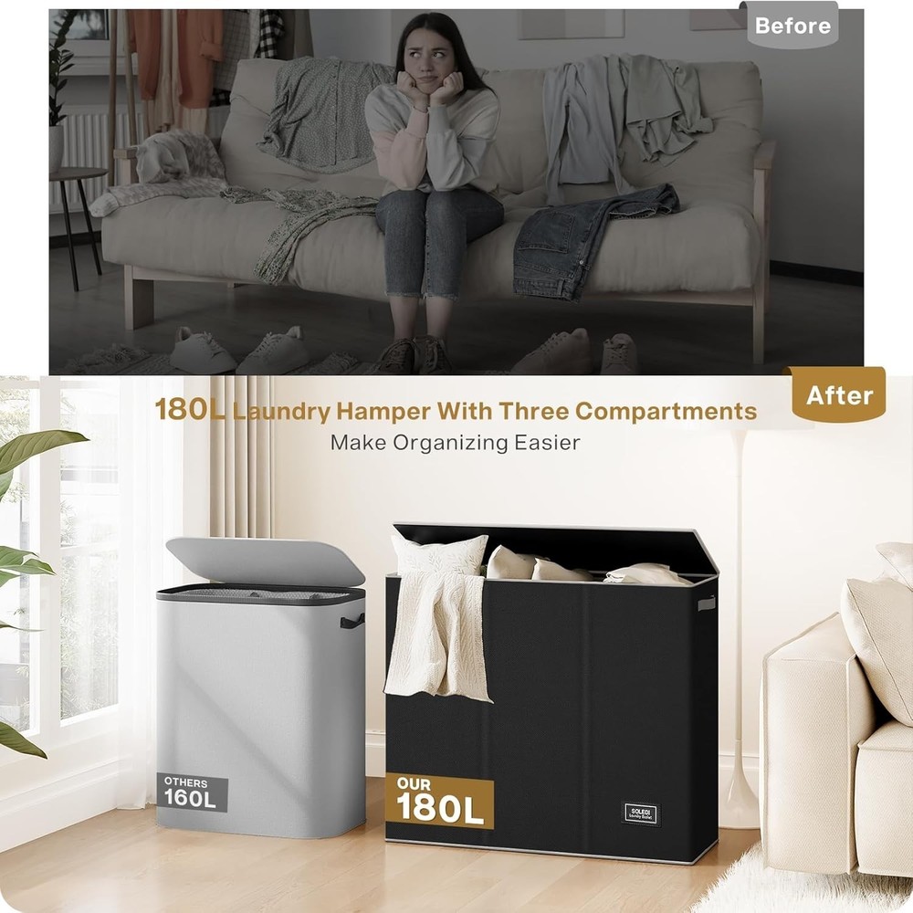 Extra Large 3-Section Laundry Hamper, 180L with Lid - Modern Storage Solution