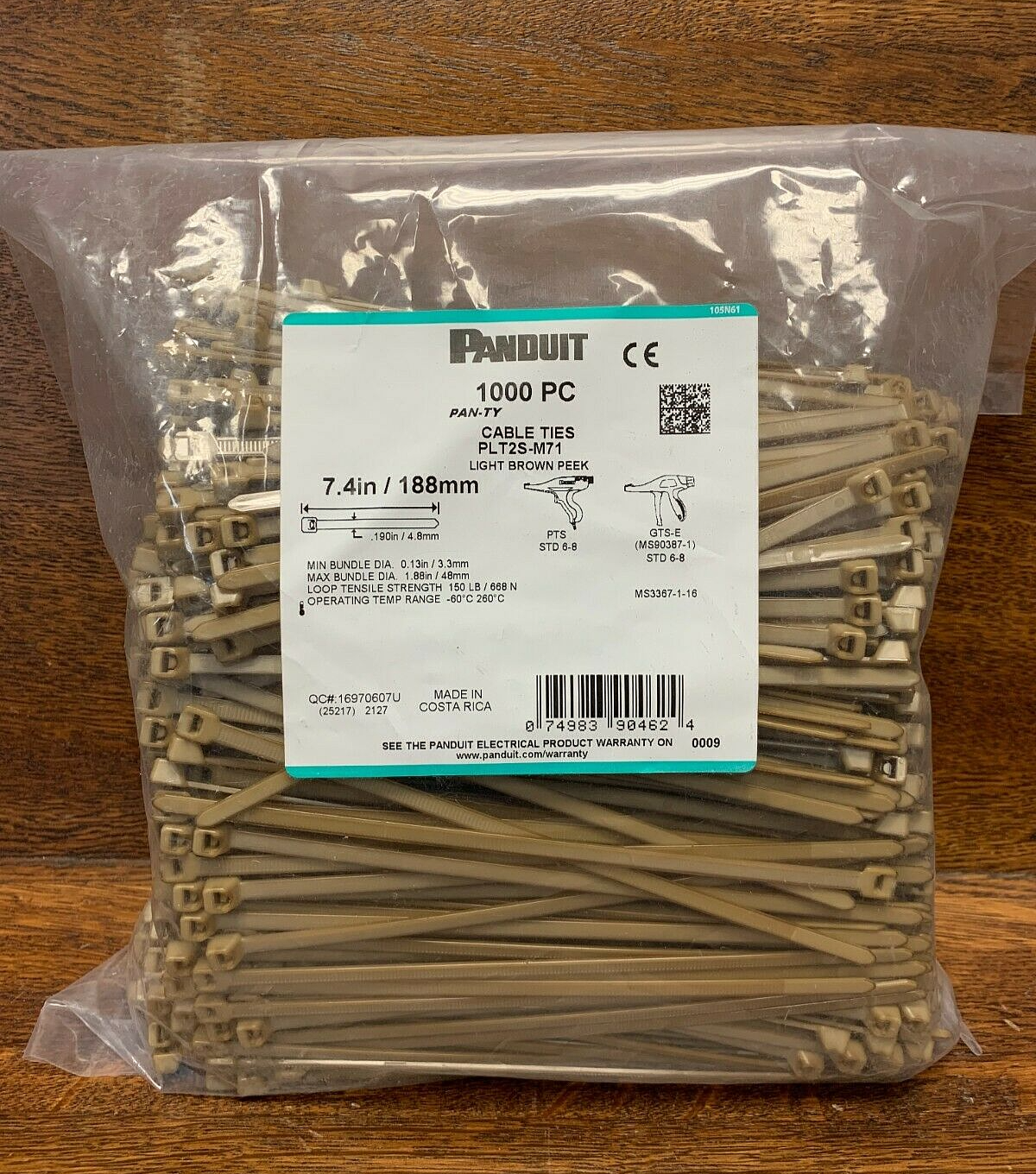 PEEK Cable Ties, High Heat 500F, 150lb, 7.4", Polyetheretherketone, Zip Tie, ea.