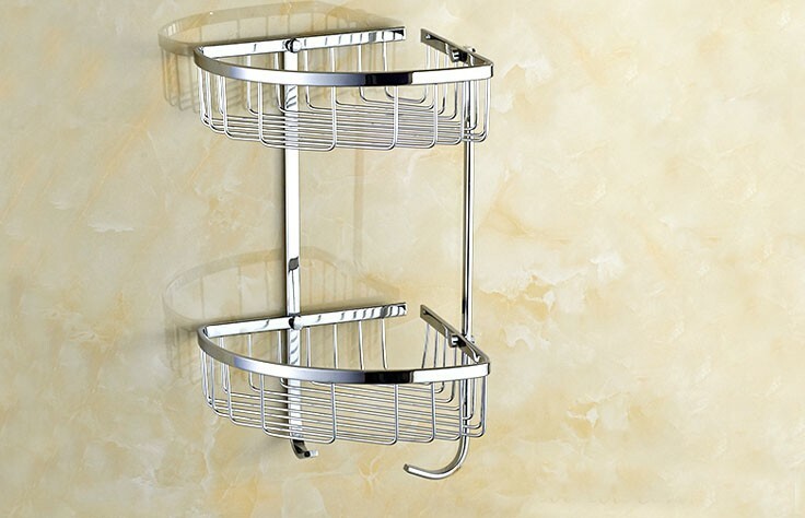 Polished Chrome Brass Corner Shower Caddy 2 Tier Bath Storage Shelf Rack Basket