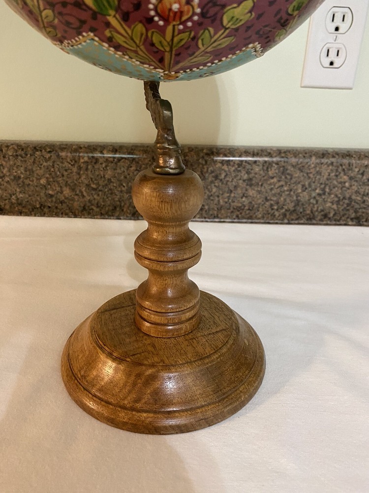Decorative Hand Painted Globe On Wooden Base Multi Colored 15" Does Turn