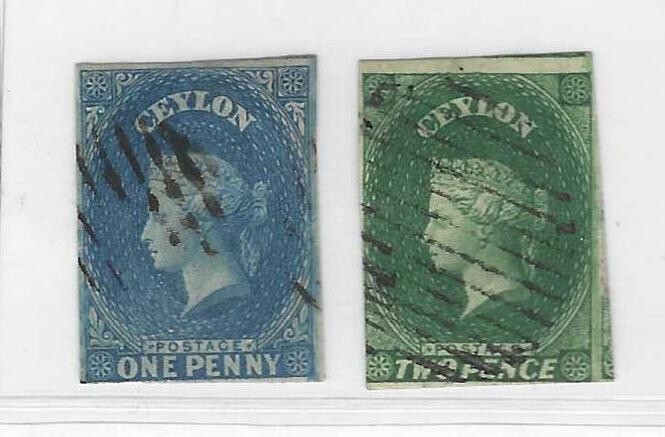 CEYLON 1867 S.G. 2A & 3A NEAT IMPERF STAMPS