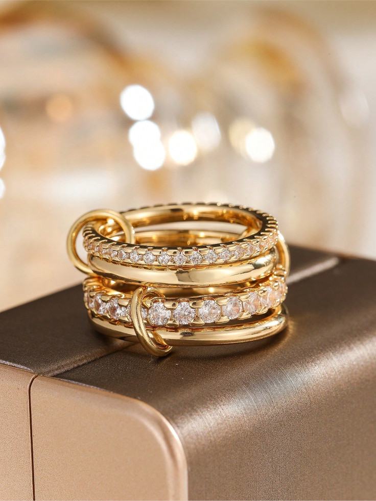 4pc Gold Stackable Ring Set CZ Cubic Zirconia Adjustable Multi-Layer Women